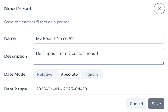 Preset save popup