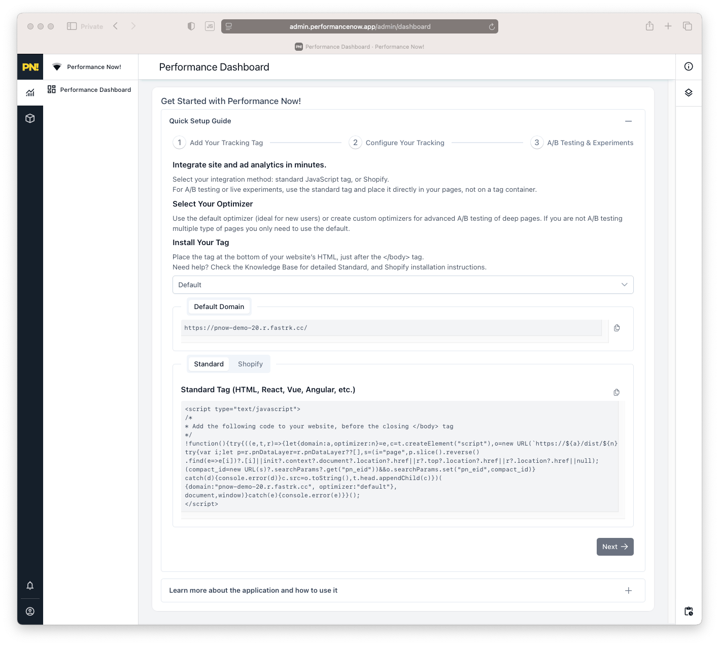 Where to find your tracking tag in Dashboard Home