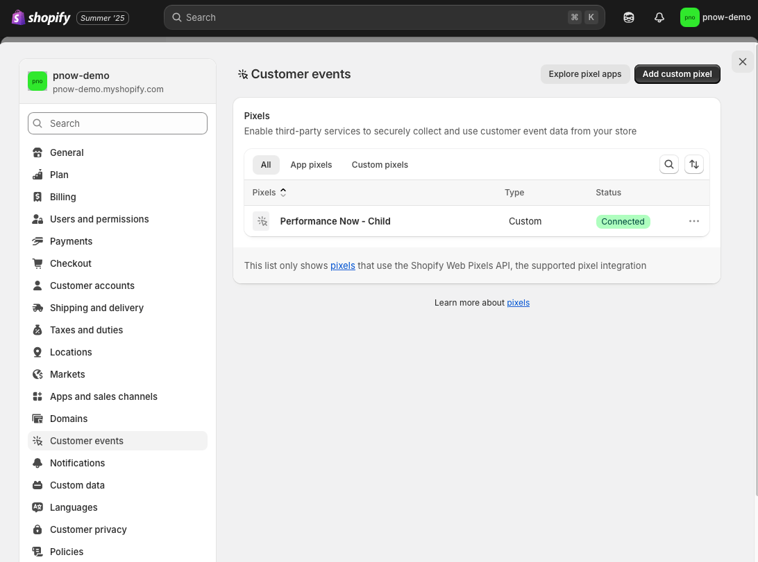 Shopify admin settings with Customer Events Tag field highlighted