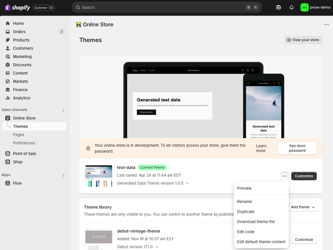Shopify admin themes page